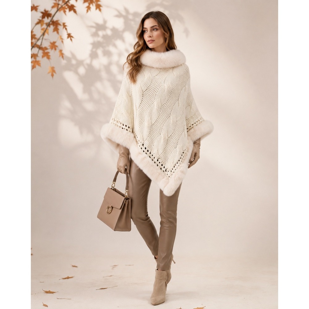 Le Moda Women Ivory Cable Knit Faux Fur Trim Poncho One Sz Apre Ski Mob Wife